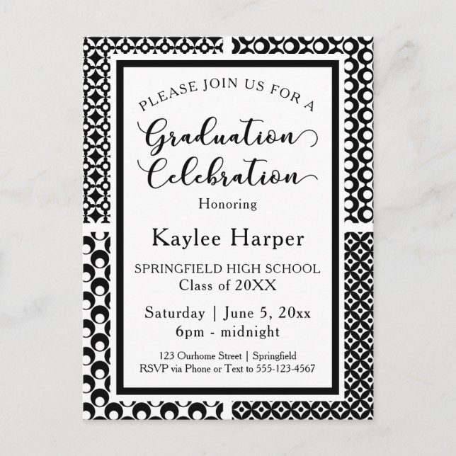 Invitation Carte Postale Black & White Retro Motif Graduation Party (Devant)