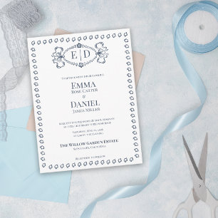 Invitation Carte Postale Blason Monogramme de Mariage Formel Bleu Marine Hé