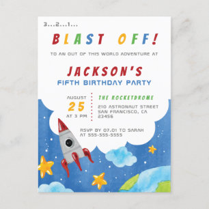 Invitation Carte Postale Blast Off ! Fête d'anniversaire de la fusée spat