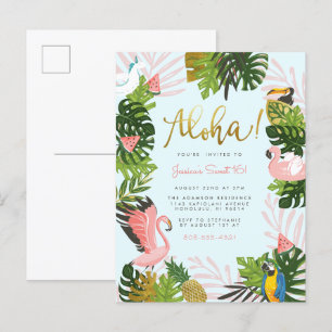Invitation Carte Postale Bleu   Aloha Hawaii Tropical Gold Birthday Party