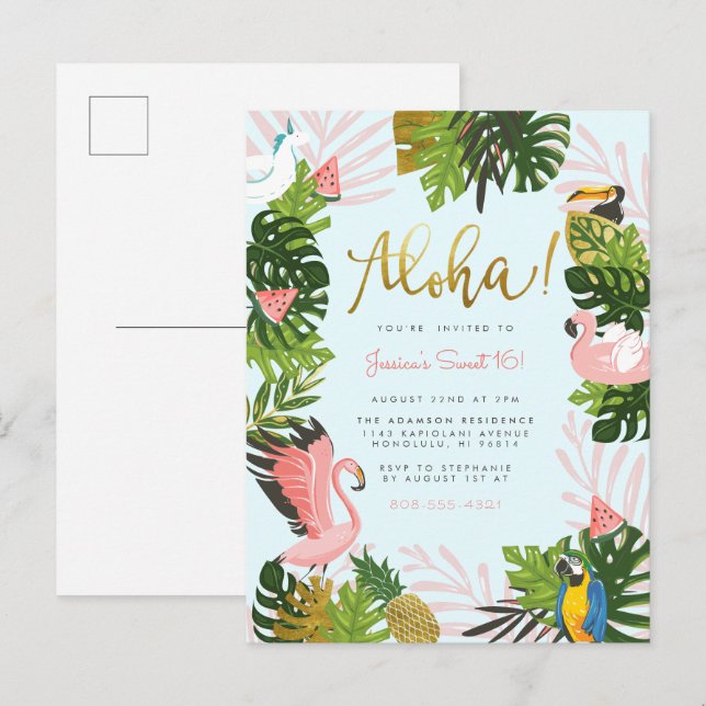 Invitation Carte Postale Bleu | Aloha Hawaii Tropical Gold Birthday Party (Devant / Derrière)