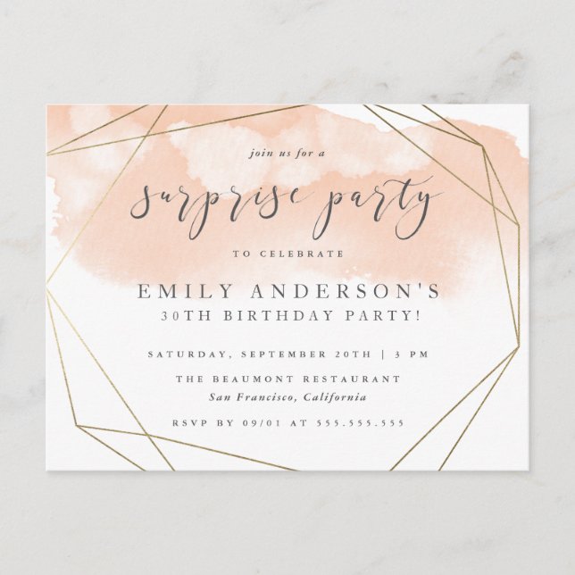 Invitation Carte Postale Bleu Aquarelle Or Géométrique Surprise Party (Devant)
