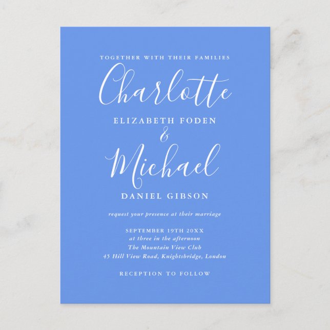 Invitation Carte Postale Bleu Barbeau Élégant Mariage Moderne Écriture (Devant)