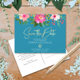 Invitation Carte Postale Bleu bat mitzvah Enregistrer la date Aquarelle flo