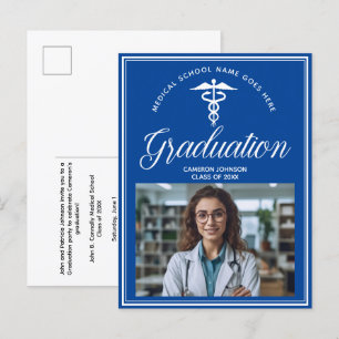 Invitation Carte Postale Bleu Blanc Médicale School Photo Graduation
