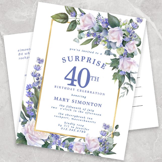 Invitation Carte Postale Bleu Blanc Or Floral 40e Anniversaire Surprise (Créateur téléchargé)