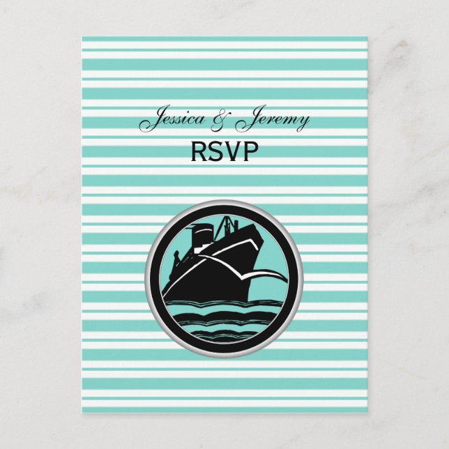 Invitation Carte Postale Bleu clair et blanc rayé naval RSVP 1 (Devant)