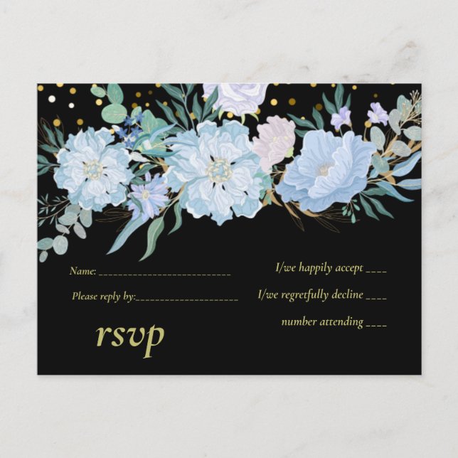 Invitation Carte Postale Bleu clair Floral Noir Moderne Budget Mariage (Devant)