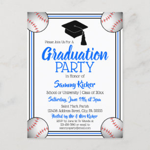 Invitation Carte Postale Bleu de baseball et Black Graduation Party
