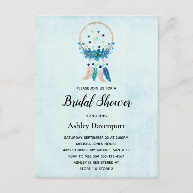 Invitation Carte Postale Bleu Dreamcatcher avec Fleurs & Plumes (Devant)