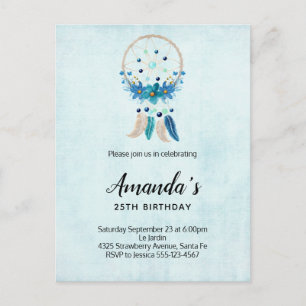 Invitation Carte Postale Bleu Dreamcatcher avec Fleurs & Plumes Anniversair