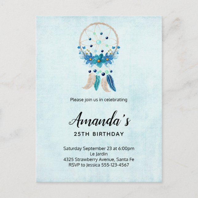 Invitation Carte Postale Bleu Dreamcatcher avec Fleurs & Plumes Anniversair (Devant)