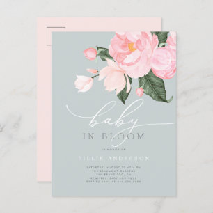 Invitation Carte Postale Bleu Dusty Blush Floral Baby en Fleur Douche