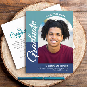 Invitation Carte Postale Bleu Enregistrer la date Graduation Photo Bold Arc