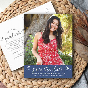 Invitation Carte Postale Bleu Enregistrer la date Graduation Photo Script C