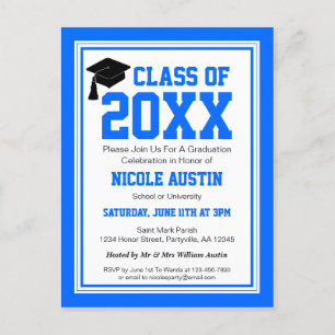 Invitation Carte Postale Bleu et blanc fête de graduation
