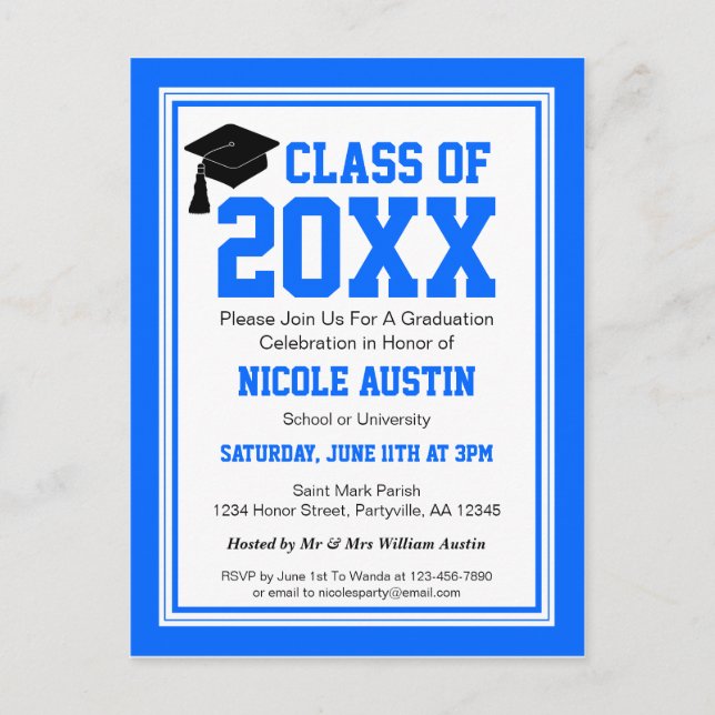 Invitation Carte Postale Bleu et blanc fête de graduation (Devant)