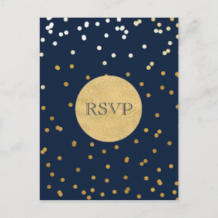 Invitation Carte Postale Bleu et or pailleté confettis points chic moderne 