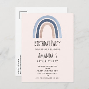 Invitation Carte Postale Bleu et Pêche Arc-en-ciel Design Boho Anniversaire