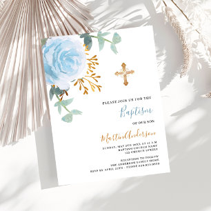 Invitation Carte Postale Bleu floral rose verdure croix or garçon baptême