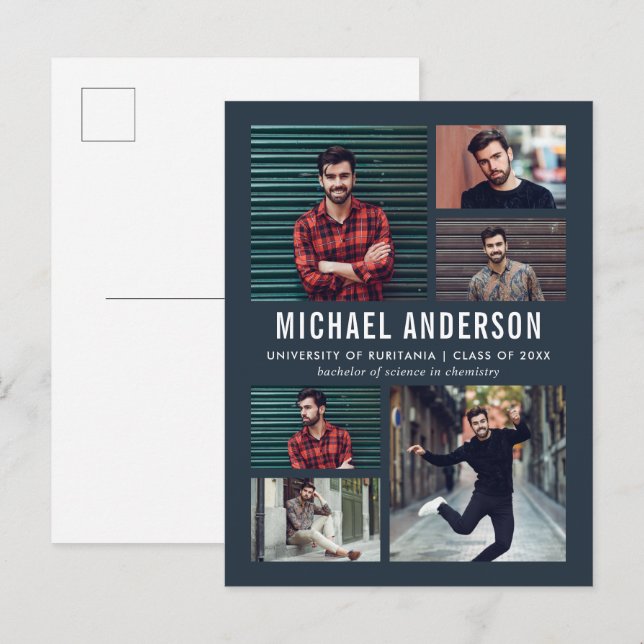 Invitation Carte Postale Bleu foncé | 6 Diplôme de tableau de bord photo (Devant / Derrière)