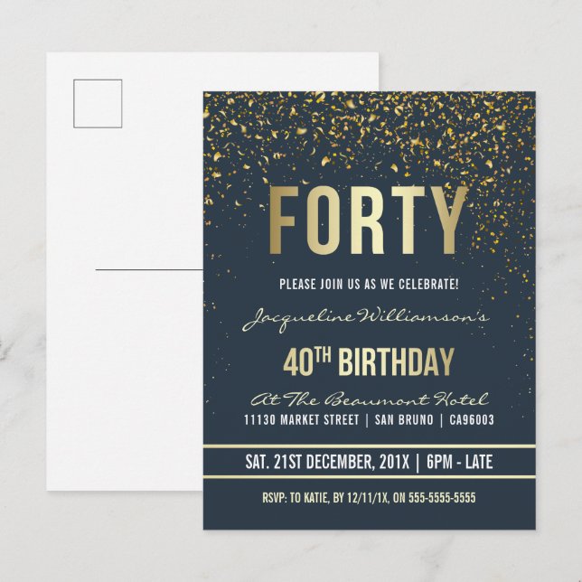 Invitation Carte Postale Bleu foncé | Gold Confetti 40e fête d'anniversaire (Devant / Derrière)