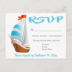 Invitation Carte Postale Bleu Nautique Turquoise RSVP Voilier Mariage