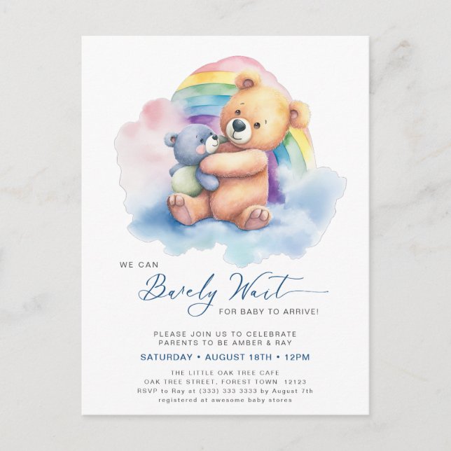Invitation Carte Postale Bleu On Peut Attendre De Mignons Baby showers Garç (Devant)