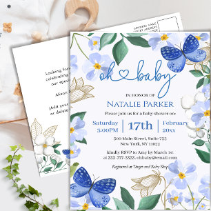 Invitation Carte Postale Bleu Papillon Floral Folio Baby shower garçon