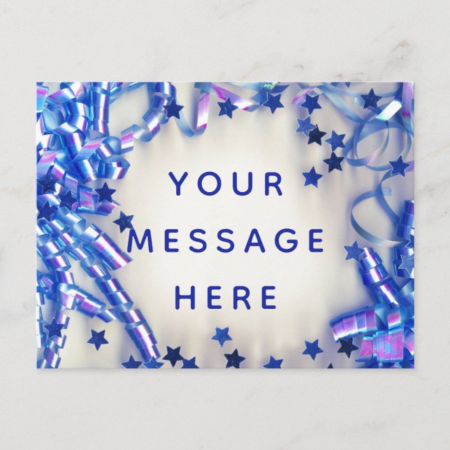 Invitation Carte Postale Bleu Ruban et Stars Confetti Blank Message (Devant)