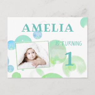 Invitation Carte Postale Bleu Vert Cute Boulet 1er anniversaire Photo