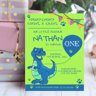 Invitation Carte Postale Bleu Vert Dinosaure Premier Anniversaire