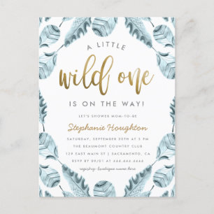 Invitation Carte Postale Blue Boho Feathers Gold Wild One Boy Baby shower