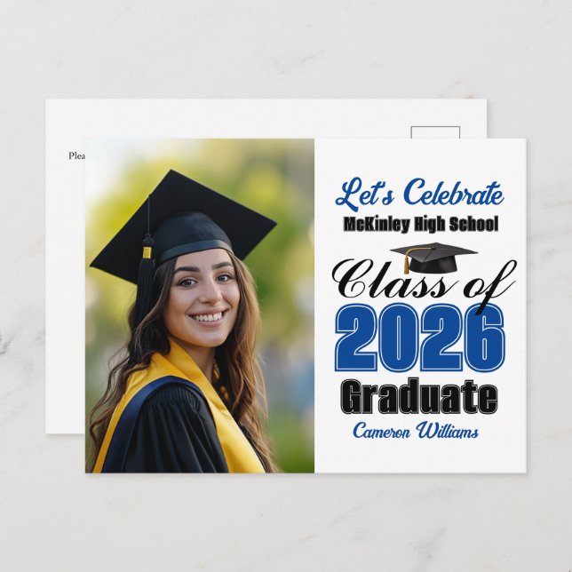 Invitation Carte Postale Blue Class of 2026 Photo Graduation Party (Devant / Derrière)