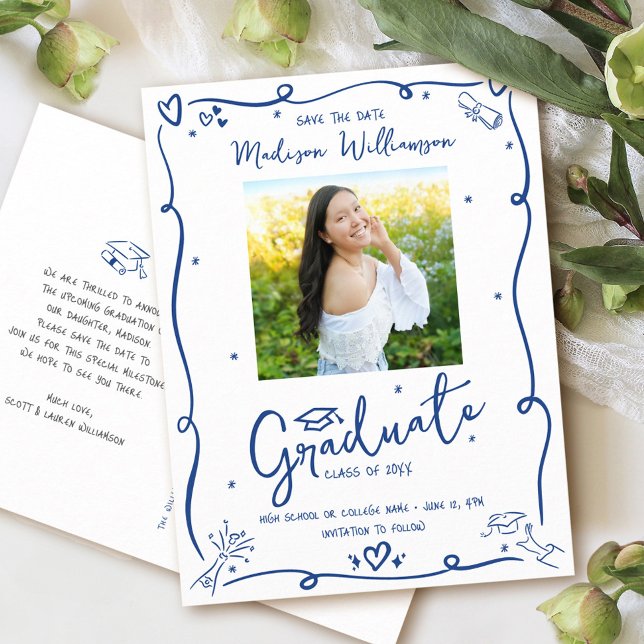 Invitation Carte Postale Blue Doodles Graduation Save the Date Photo White (Créateur téléchargé)