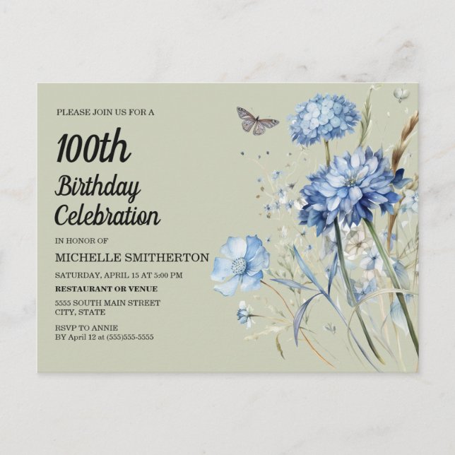 Invitation Carte Postale Blue Floral Sage Green Femmes 100e anniversaire (Devant)