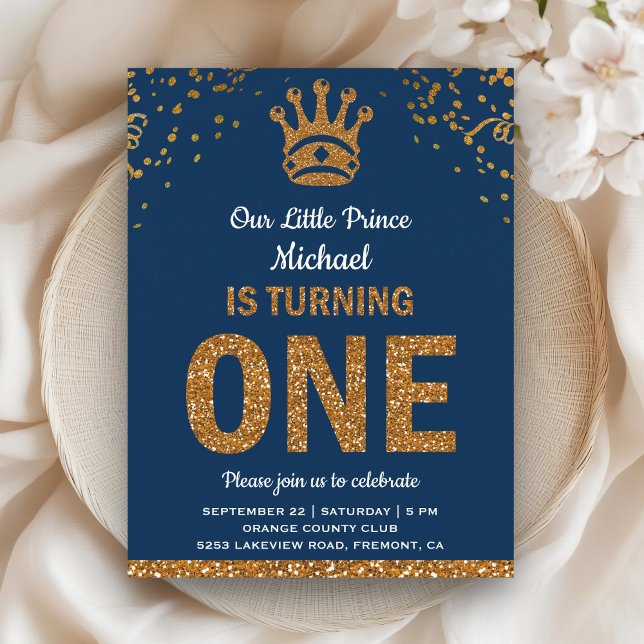 Invitation Carte Postale Blue Gold Royal Prince Premier anniversaire (Créateur téléchargé)
