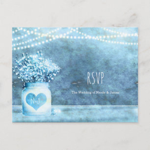 Invitation Carte Postale Blue Heart Mason Jar & Baby's Breath Wedding RSVP