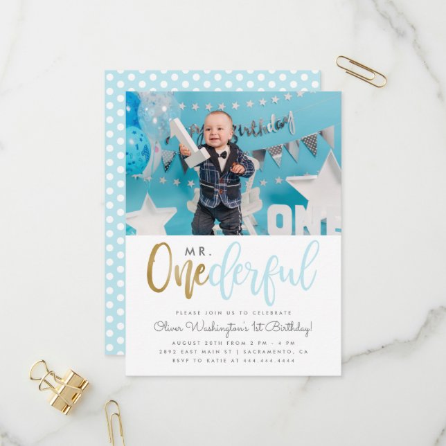 Invitation Carte Postale Blue Mr Onederful Script Photo 1er anniversaire (Devant/Arrière en situation)