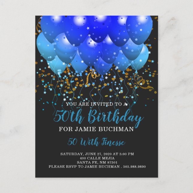 Invitation Carte Postale Blue Neon Balloons Confetti 50e fête d'anniversair (Devant)