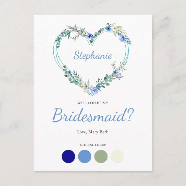 Invitation Carte Postale Blue Shades Wreath Heart for Bridesmaids Proposal (Devant)