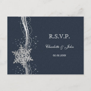 Invitation Carte Postale Blue Silver Snowflakes Mariage d'hiver RSVP