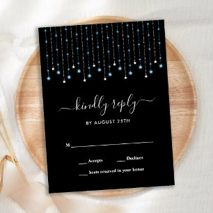 Invitation Carte Postale Blue Silver Stars String Lights Wedding RSVP