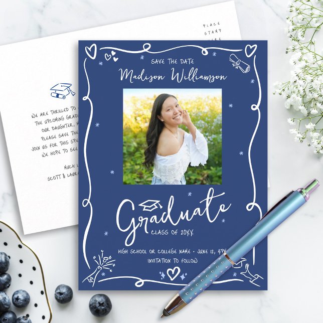 Invitation Carte Postale Blue White Doodles Graduation Save the Date Photo (Créateur téléchargé)