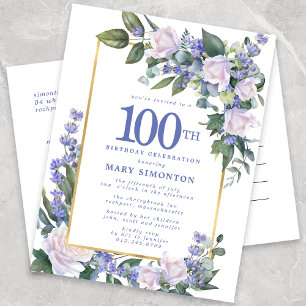 Invitation Carte Postale Blue White Gold Floral 100e fête d'anniversaire