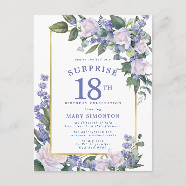 Invitation Carte Postale Blue White Gold Floral 18e Anniversaire surprise (Devant)