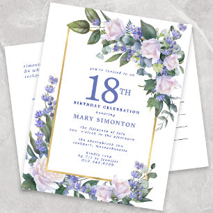 Invitation Carte Postale Blue White Gold Floral 18e fête d'anniversaire