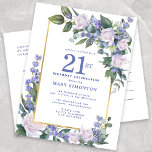 Invitation Carte Postale Blue White Gold Floral 21e fête d'anniversaire<br><div class="desc">Honorer une femme spéciale avec cette carte postale d'invitation à la fête d'anniversaire élégante et féminine.</div>