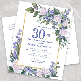 Invitation Carte Postale Blue White Gold Floral 30e fête d'anniversaire