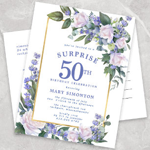 Invitation Carte Postale Blue White Gold Floral 50e Anniversaire surprise